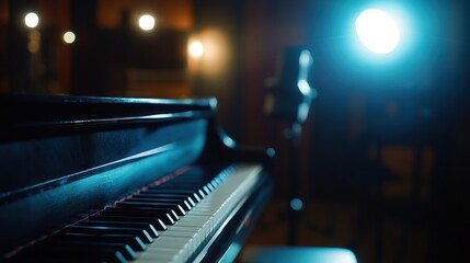 Poster - A close-up of a piano with soft lighting, suggesting a musical setting.