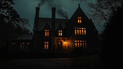 Poster - A dark, atmospheric mansion with glowing windows and smoke rising from chimneys.