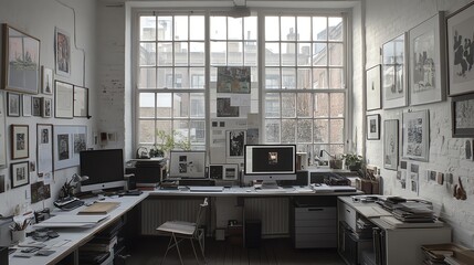Aufkleber - A bright, spacious artist's studio with large windows, showcasing artwork, computer, and workspaces.