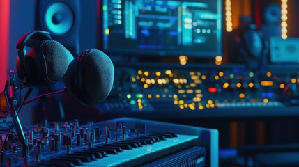 Aufkleber - A modern music studio featuring headphones, a keyboard, and digital equipment.