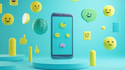 Poster - A vibrant digital scene featuring a smartphone surrounded by playful emojis and shapes.