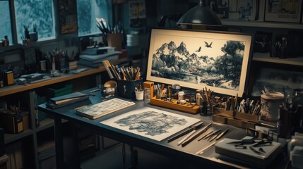 Poster - A creative workspace filled with art supplies and landscapes in progress.
