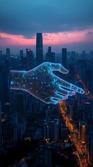 Leinwandbilder - A glowing digital hand hovers over a vibrant cityscape at twilight, symbolizing technological innovation and urban development.