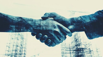 Poster - A handshake symbolizing partnership overlaid on construction imagery.