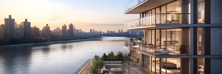 Wall Mural - complex of sleek riverfront apartments with private balconies, a shared dock, and views of a calm river