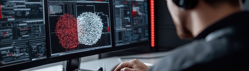 A person working with dual monitors displaying complex data visualizations in a modern workspace.