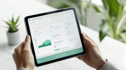 Poster - A person holds a tablet displaying financial data and analytics in a modern workspace.