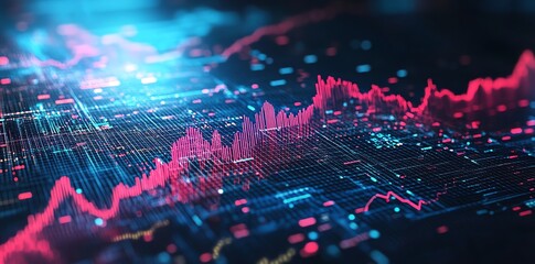 Aufkleber - Abstract 3D rendering of a dynamic data visualization with glowing lines and pink and blue colors representing market trends and data analysis.