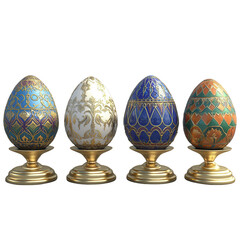 A set of five ornate painted eggs on golden stands, isolated on a pure white background. PNG transparent.