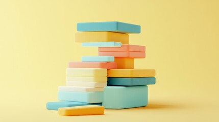 Poster - A colorful stack of geometric blocks on a soft yellow background, ideal for play and creativity.