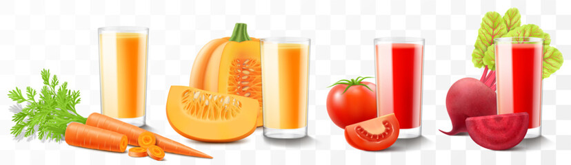 Wall Mural - set of vegetable juices or smoothies isolated on transparent background. bright vegetable cocktails 