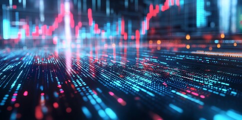 Fototapete - Abstract digital data stream with glowing lines and stock market graph in the background.