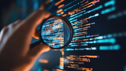 Hand holding magnifying glass over digital code interface, quality