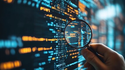 hand holding magnifying glass over digital code interface, quality