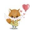 © Natalie - Cute cartoon fox girl with balloon heart. Hand painted illustration isolated on white background. Funny animals. Greeting card, poster, print. Valentine’s Day, love.
