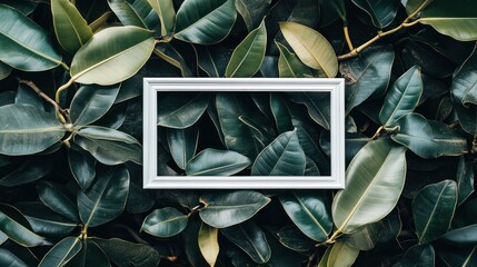 Aufkleber - A white frame is placed among lush green leaves, creating a natural backdrop for art.