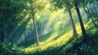 © ArtificialHorizons - Gentle sunlight illuminates a lush forest hillside, casting warm rays through dense trees and highlighting a carpet of vibrant greenery and wildflowers.