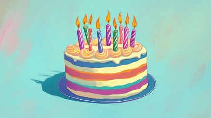 Colorful layered birthday cake topped with colorful candles set against a soft blue background, ideal for a joyful birthday celebration.