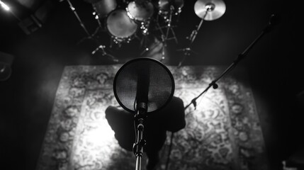 Aufkleber - A microphone in focus, with a drum set in the background, set for a musical performance.