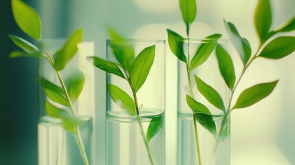 Aufkleber - Three glass vases with green leaves, symbolizing nature and freshness.