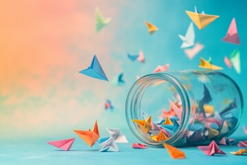 Wall Mural - Colorful origami paper boats spill from a glass jar against a dreamy background. This image captures creativity and joy in a playful design. Generative AI