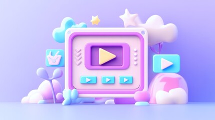 Aufkleber - A colorful, playful video player interface with clouds and stars, suggesting digital media.