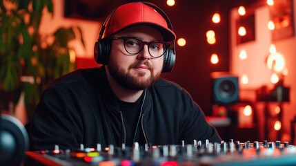 Poster - A person in headphones sits at a mixer in a cozy, illuminated studio setting.