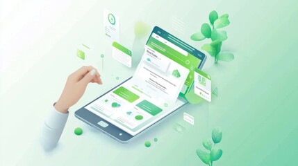 Poster - A digital interface showcasing an app with green-themed design elements and plant graphics.