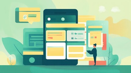 Aufkleber - A digital illustration of a person interacting with oversized mobile app interfaces.