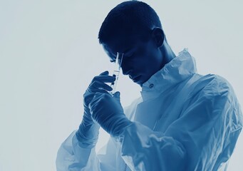 Poster - A scientist in a lab coat examines a syringe, symbolizing research and innovation in science.