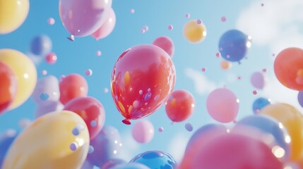 vibrant and playful close-up of colorful balloons in various shades, floating serenely against a bri