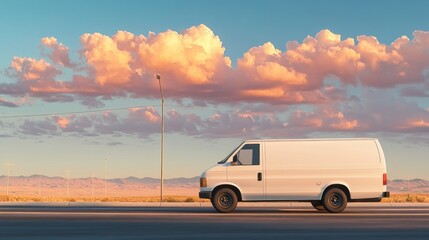 Aufkleber - A white van parked on a road under a colorful sky with clouds and mountains in the background.