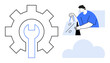 © robu_s - Gear with wrench represents maintenance, man holding shopping bags indicates discount shopping, cloud signifies cloud computing. Ideal for technology, e-commerce, shopping, discounts, cloud services