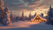 © aun - A winter landscape with a small cottage glowing with Christmas lights, surrounded by snow-covered trees and a peaceful sky