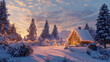 © aun - A winter landscape with a small cottage glowing with Christmas lights, surrounded by snow-covered trees and a peaceful sky