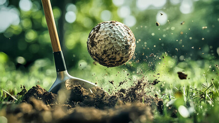 Close-up of a golf ball being struck by a wooden iron club on lush green grass with dirt flying in the air during a sunny day in the park