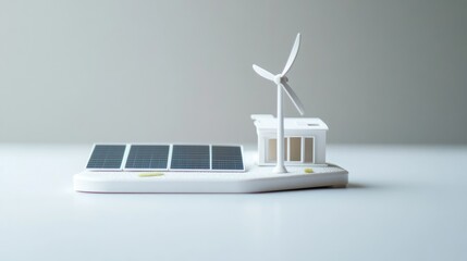 Miniature Model of Sustainable Energy Home Featuring Solar Panels and Wind Turbine on a Clean White Background for Eco-Friendly Concepts