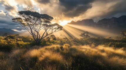 Wall Mural - Majestic Sunrise Over Mountain Landscape with Dramatic Cloud Cover and Glorious Sunbeams Illuminating Serengeti Grassland