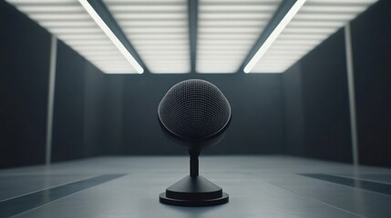 Poster - A microphone stands in a minimalist studio setting, emphasizing sound and recording.