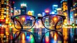 © Adisorn - Night City's neon glare, reflected in stylish glasses. AI art.