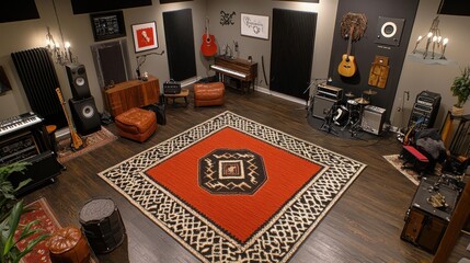 Aufkleber - A cozy music studio featuring instruments, seating, and soundproofing for creative sessions.