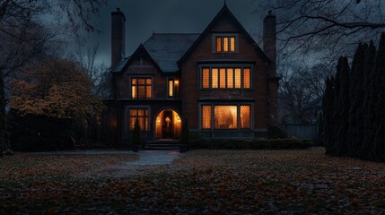 Aufkleber - A dark, atmospheric mansion with illuminated windows, surrounded by autumn leaves.