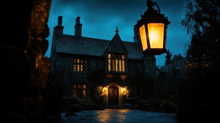 Poster - A dimly lit, atmospheric house with warm lights on a rainy evening.