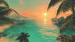 © Khajornyot - Tropical beach at sunset, crystal-clear turquoise water, swaying palm trees, tranquil vibes.