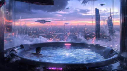 Fototapete - A futuristic scene featuring a person in a hot tub overlooking a vibrant cityscape at sunset.
