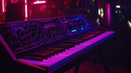Poster - A synthesizer with a keyboard, illuminated by colorful lights, used for music production.