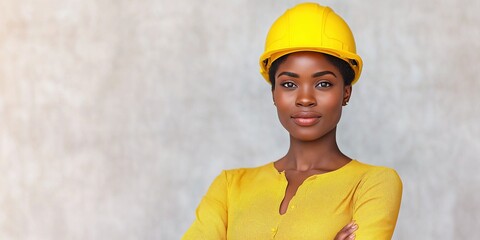 Wall Mural - A woman wearing a yellow hard hat and a yellow shirt. She is posing for a picture. The woman is confident and proud of her work