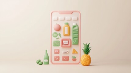 Aufkleber - A colorful, 3D representation of a mobile app interface with food and drink icons.