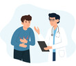 © Oksana - Doctor talking to patient with stomach ache.A problem with the intestines, stomach or a bolt in the abdomen. Physician consults patient, diagnoses, prescribes. Vector Illustration