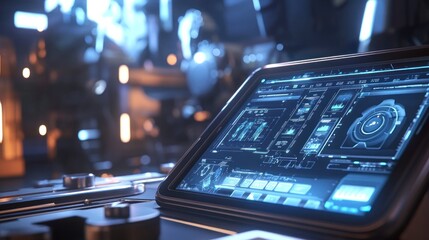 Poster - A futuristic tablet displaying complex data and interfaces in a high-tech environment.
